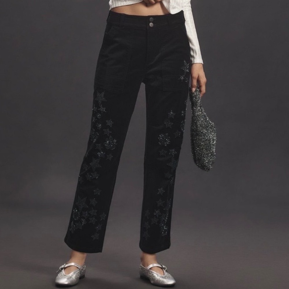 Pilcro Anthropologie Wanderer Relaxed Leg Velvet Pants Star Embellished Black 29
